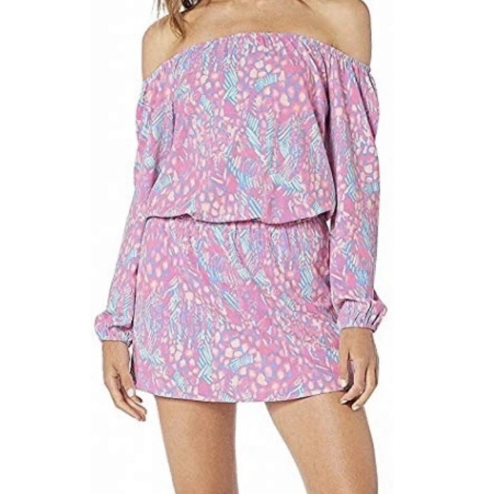 Lilly Pulitzer Vibrant Pink and Blue Long Sleeve off the solder romper skort - Picture 5 of 6